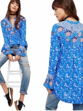 Free People Blue Wildflower Fields  Boho Tunic Mixed Print Flowy Top Small